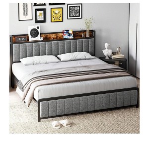 Grey Double Bed Frame with Shelves, Industrial Upholstered Platform, Heavy-Duty Metal Slat Support - 1 of 4