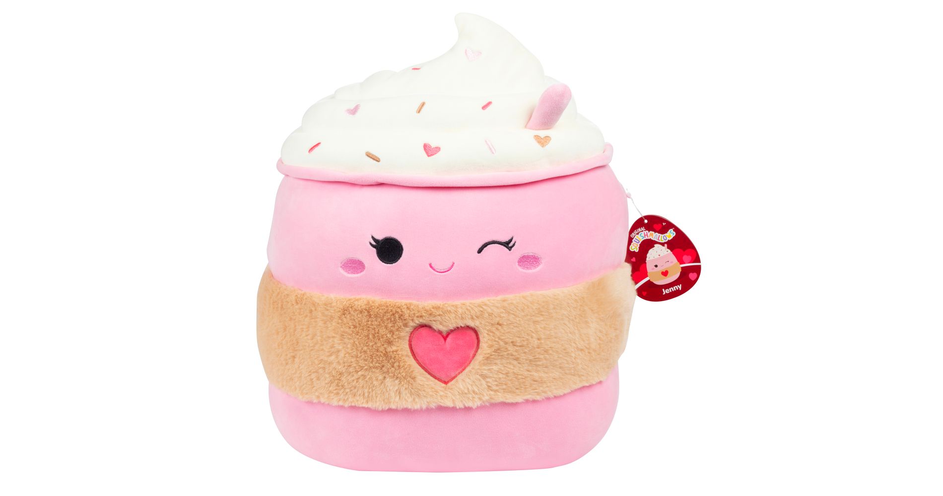 Squishmallows Original 14-Inch Jenny the Winking Light Pink Summer Latte w Heart - Officially Licensed Jazwares Coffee Plush - Gift for Kids