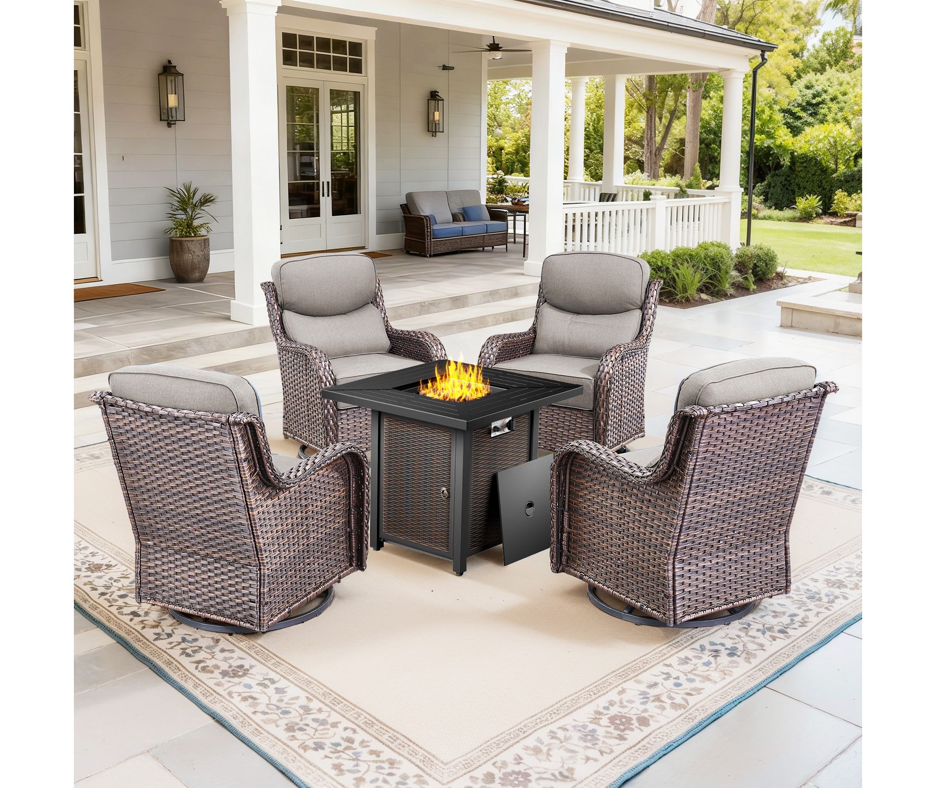 Gymojoy 5/7PCS Outdoor Swivel Chair 6-inch Thick Cushion with Fire Pit Table Patio Furniture Set