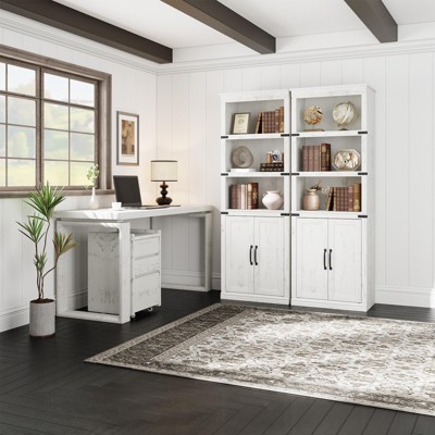 5 Tier Book Shelf, Farmhouse Book Case with Cabinet, 68.7" Tall Book Shelf with Storage Doors,