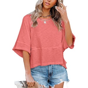 Imily Bela Women's Half Sleeve T-Shirts Solid Color Loose Flowy Tops T-shirt - 1 of 3