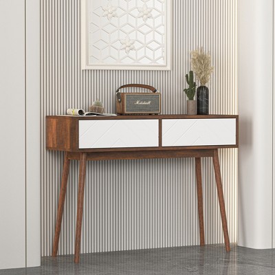 Particle Board & MDF Entryway Table with 2 White Sliding Doors, Console Table with Storage Space and Wood Legs