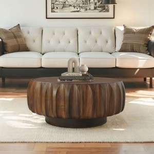 31" Round Wood Coffee Table, Drum Coffee Table with Carved Sculptural Design for Living Room or Bedroom – Cuddlewood - 1 of 4