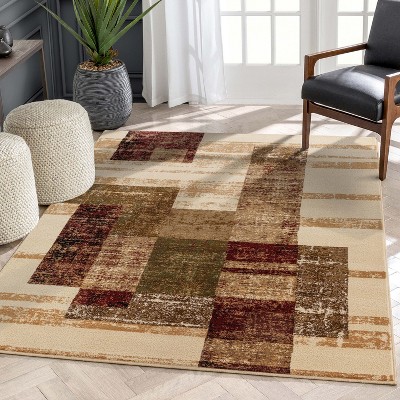 Ivory and Red Geometric Synthetic Rectangular Area Rug 3'11" x 5'3"