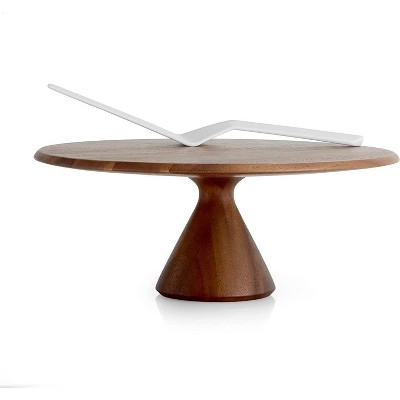 Nambe Quatro Cake Plate with Server, Acacia Wood Footed Cake Stand and Porcelain Cake Knife, Dessert Display Stand for Cupcakes, Cookies