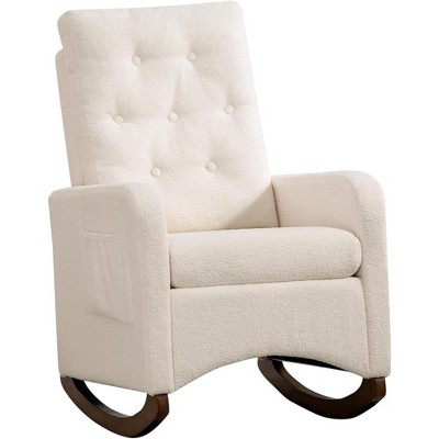 Rocking Chair Nursery in Fabric with High Backrest, Comfy Glider Rocking Chair Accent Chair, Side Pocket and Rubber Wood Legs