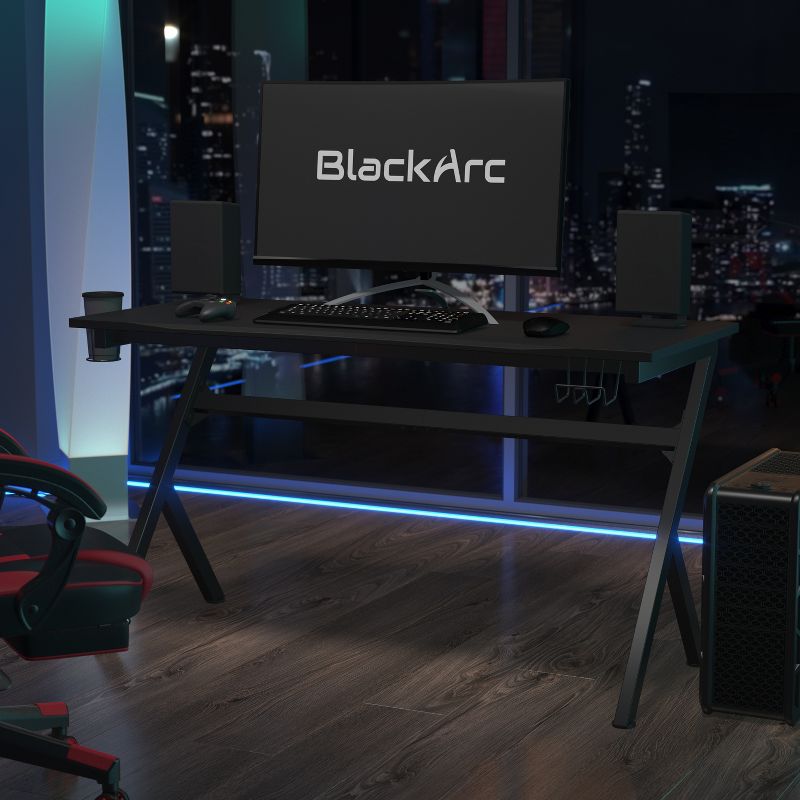 BlackArc Black Gaming Desk Featuring Detachable Cupholder/Headphone Hook, Two Cable Management Holes & Removable Mousepad Top, 3 of 11