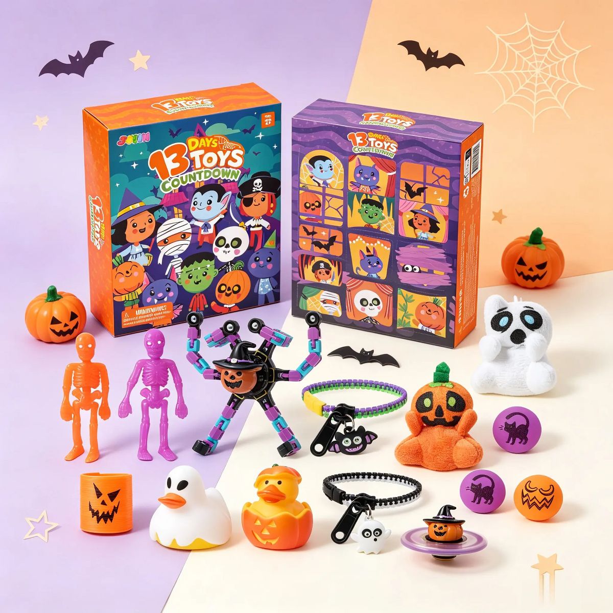 Joyfy Halloween Advent Calendar 13 Days Toy Set, Surprise Countdown Toys Bulk for Kids with Fidget Toys, Rubber Ducks, Plush, Stretchy Skeletons