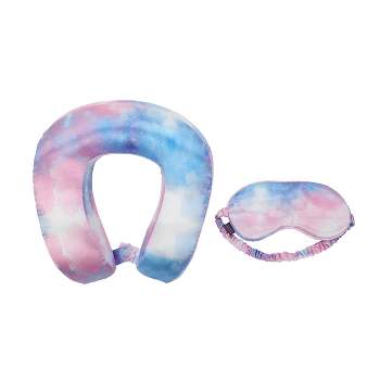 Pink Blue Tie Dye Print Poly Satin Adult Neck Pillow and Eye Mask Set
