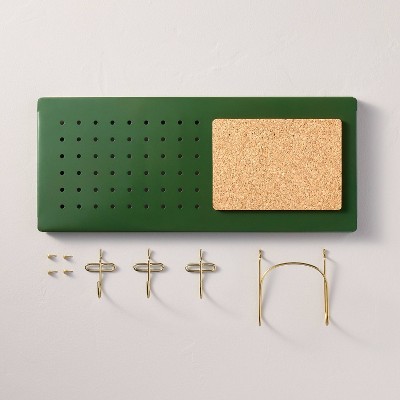 Small Green and Gold Metal Pegboard Wall Organizer with Cork Board