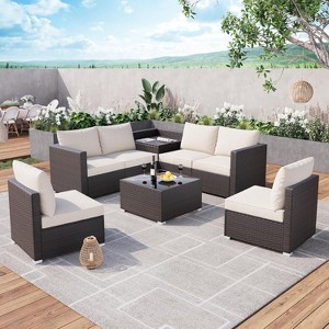 8-Piece Outdoor Patio Furniture Set, Modular Pe Rattan Wicker Sectional Sofa with Glaass Top Table for Garden and Backyard, All-Weather Design, Beige - 1 of 4