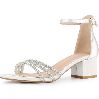 Perphy Women's Satin Rhinestone Buckle Ankle Strap Chunky Heel Sandals