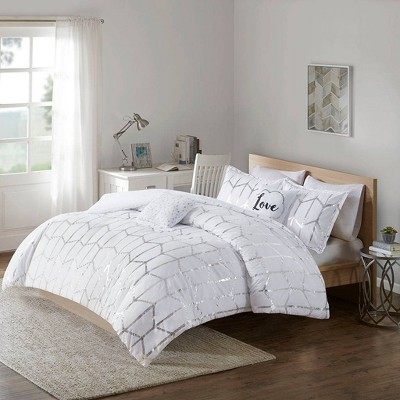 Intelligent Design Twin/Twin XL 4pc Arielle Metallic Printed Comforter Set White/Silver: Hypoallergenic Geometric Bedding, Microfiber, Contemporary — фото 2