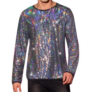 Lars Amadeus Men's Crew Neck Long Sleeves Party Clubwear Sparkly Sequins T-Shirt - 1 of 4