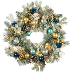 Red Co 22" Decorative Snow-Flocked Artificial Light-Up Christmas Wreath Battery Blue/Gold - 1 of 4