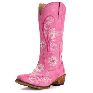 IUV Mid-Calf Cowgirl Boots Cowboy Western Pull-On Tabs Pointy Toe Boot Beige/White/Brown/Pink/Black - 1 of 4