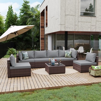 UPHA 7-Piece Brown Rattan Patio Sofa Conversation Set with Cushions