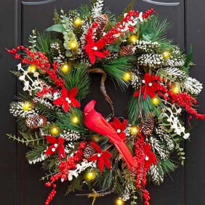 Wreath with Lights 24 Inch Lighted Holiday Wreath Front Door Pine Needles Berries Large Prelit Winter Outdoor Indoor Xmas