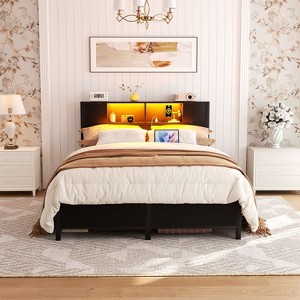 Besiost Bed Frame with Storage Headboard, Bedframe with Charging Station and LED Light - 1 of 4