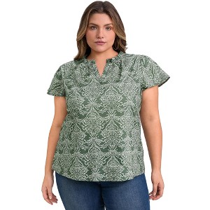 GRACE & GRANDEUR Women's Plus Size Ruffle V Neck Floral Printed Short Sleeve Vacation Casual Blouses - 1 of 4