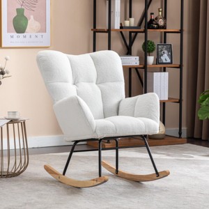 Indoor Rocking Chair Wingback Arm Chair Tufted Upholstered Teddy Fabric Nursery Room Rocking Chair With Solid Wood Base-Maison Boucle - 1 of 4