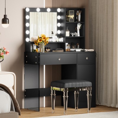 Vanity Table Modern with Charging Station and Glass Top for Bedroom 35.4in Wide-3irtyhousy