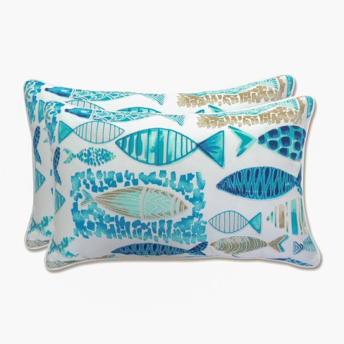 11.5 x18.5 Hooked Nautical 2pc Rectangular Outdoor Throw Pillow Set Blue Pillow Perfect Weather Fade Resistant Abstract Fish Design