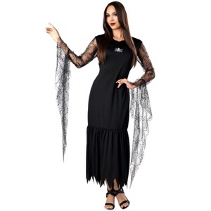 HalloweenCostumes.com Morticia Addams Adult Black Spiderweb Dress | Addams Family Women's Costume - 1 of 2