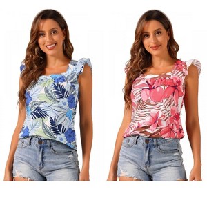 INSPIRE CHIC Women's Tropical Floral Printed Square Neck Ruffle Sleeve Tank Top 2 Packs - 1 of 4