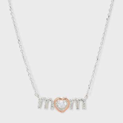Silver Plated Cubic Zirconia "Mom" Necklace - Silver