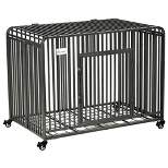 PawHut 43" Heavy Duty Dog Cage, Foldable Steel Crate Kennel with Removable Tray, Double Doors, 4 Lockable Wheels for Medium & Large Dogs, Dark Silver