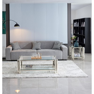 NicBex Modern Double-Layer Clear Tempered Glass Coffee Table with Stainless Steel Legs,Storage Center Table for Living Room