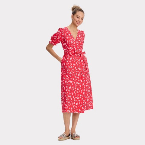 Женские платья Universal Thread Women's Puff Short Sleeve Midi Wrap Dress - Universal Thread™ Red Floral XS