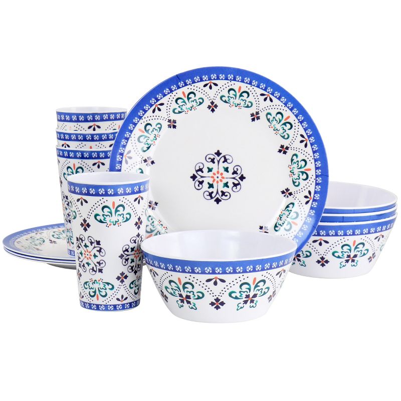 Gibson Everyday Alhambra Blues 12 Piece Melamine Dinnerware Set in Blue and White, 1 of 10