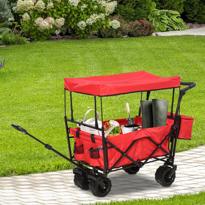 DURHAND Collapsible Folding Utility Garden Cart Wagon with Adjustable Push/Pull Handle Canopy & All-Terrain Wheels, 2 of 9