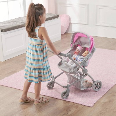 Voyage Twin Carriage Doll Stroller with Gray and Pink Fabric