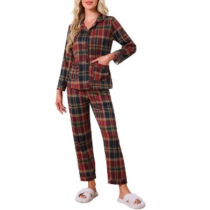 INSPIRE CHIC Women's Long-sleeved Button Down Top and Pants and Pockets Plaid Pajama 2 Pcs Sets - 1 of 4