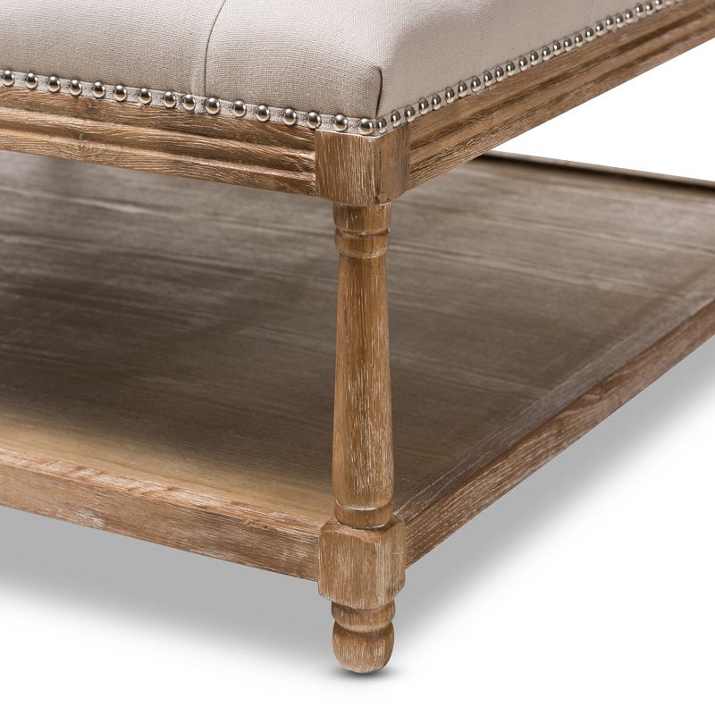 Carlotta French Country Weathered Oak Linen Square Coffee Table Ottoman Beige - Baxton Studio, 5 of 9