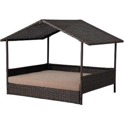 Large Brown Rattan Outdoor Elevated Pet Bed with Canopy