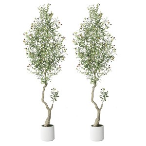 Tall Faux Olive Tree，5ft（60in） Tall Faux Olive Tree with White Planter and Green Fake Moss, 1 Pack - 1 of 4