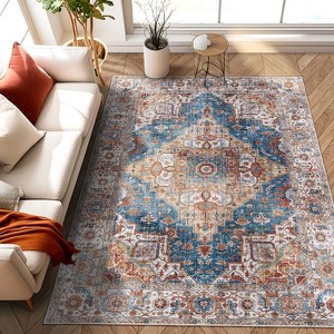 Gulches 5x7 Faded Bohemian Floral Area Rug Faux Wool, Machine Washable, Vintage Inspired Design - 1 of 4