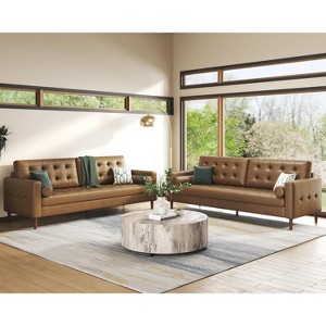 AMERLIFE Mid-Century Modern Genuine Leather Sofa, Comfy Couch for Living Room - 1 of 4