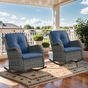 Outdoor Rocking Chairs Set of 2, All Weather Resin Wicker Patio Furniture Rocking Patio Chairs with Cushion and Metal Rocker Bars for Porch - 1 of 4