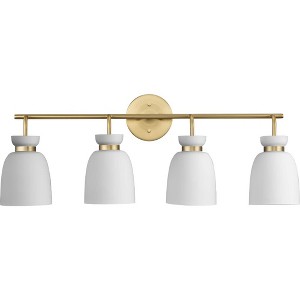 Progress Lighting Lexie 4-Light Vanity Light, Steel, Brushed Gold, Opal Glass Shades, Damp Rated - 1 of 3