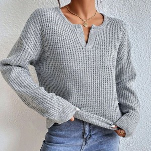 Coolmee Long Sleeve Sweater for Women Fall V Neck Waffle Basic Tee Dressy Casual Knit Tunic Tops - 1 of 4
