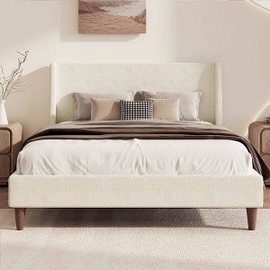 GDFStudio Eshar Modern Boucle Upholstered Platform Bed Frame with Wingback Headboard and Wooden Legs - 1 of 4