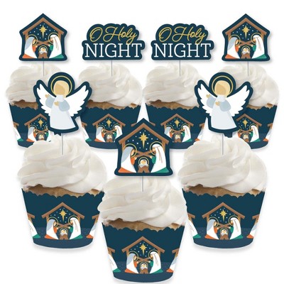 Big Dot of Happiness Holy Nativity - Cupcake Decoration - Manger Scene Religious Christmas Cupcake Wrappers and Treat Picks Kit - Set of 24