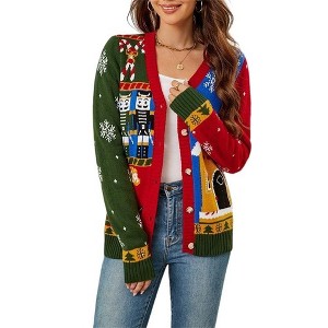 Coolmee Women's Christmas Long Sleeved Knitted Jacket Autumn and Winter Contrasting Jacquard Sweater Cardigan - 1 of 4