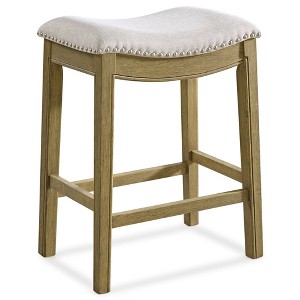 ROME + OAK Parker 26 Inch Counter Stool, Backless Saddle Kitchen Barstool in Natural Wood Finish with Wheat Cream Fabric Upholstery Cushion Seat - 1 of 4