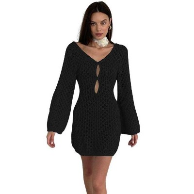 Womens Crochet Cover Up Long Sleeve Sexy Bodycon Sheer Knit Summer Beach Swimsuit Coverup Cut Out Mini Dress